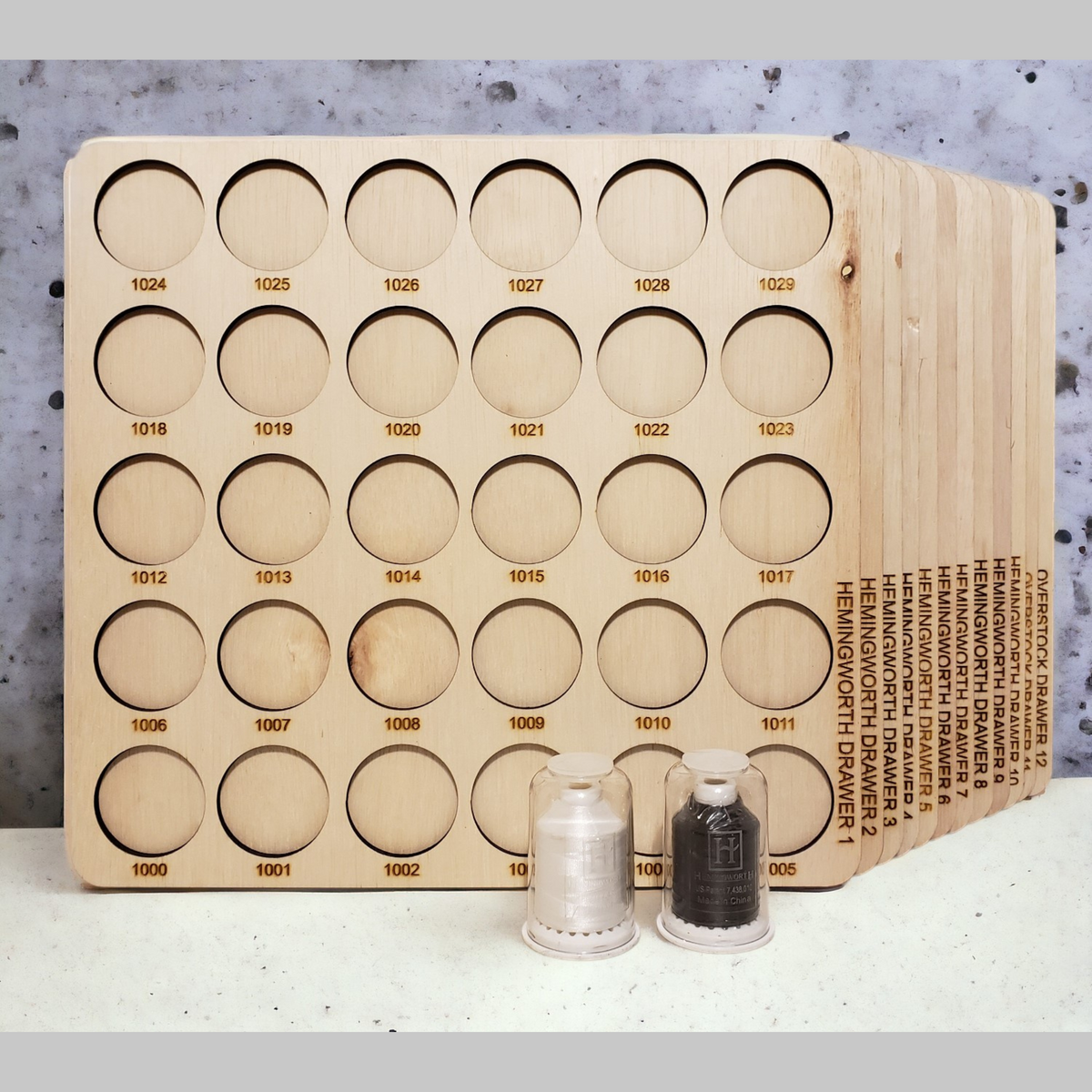 Hemingworth Numbered Thread Storage Trays, 360 Spools — numbered trays with capped Hemingworth sample spools