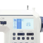Close-up of Husqvarna Viking Onyx 30 LCD display and control panel showing stitch selection, stitch length, and width settings
