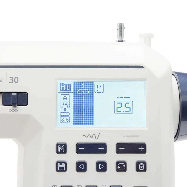 Close-up of Husqvarna Viking Onyx 30 LCD display and control panel showing stitch selection, stitch length, and width settings
