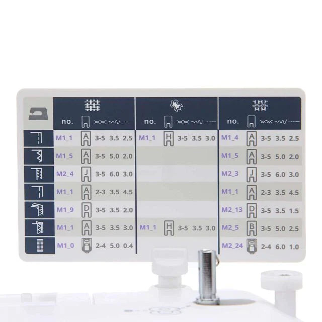 Husqvarna Viking Onyx 30 sewing guide reference chart showing recommended stitches, presser feet, stitch length, and tension settings