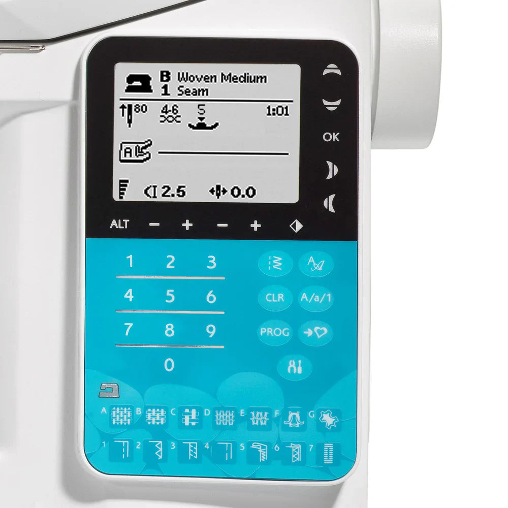 Close-up of Husqvarna Viking Opal 650 sewing machine touchscreen control panel displaying stitch settings and numeric keypad