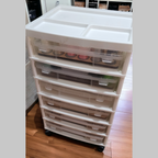 White six-drawer cart containing thread, furniture shown for context, for Embroidery Thread Storage Trays, Set of 6