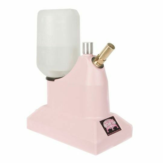 Jiffy J-1 Pink Original Hat Steamer with brass hat nozzle in tabletop configuration