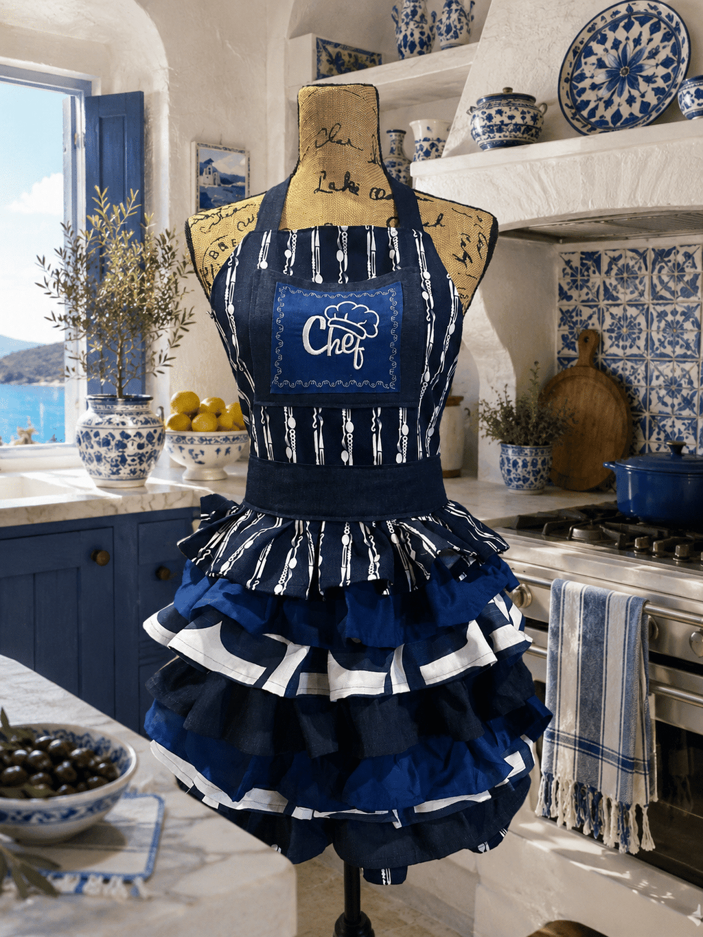 Hestia Apron styled in a Greek kitchen