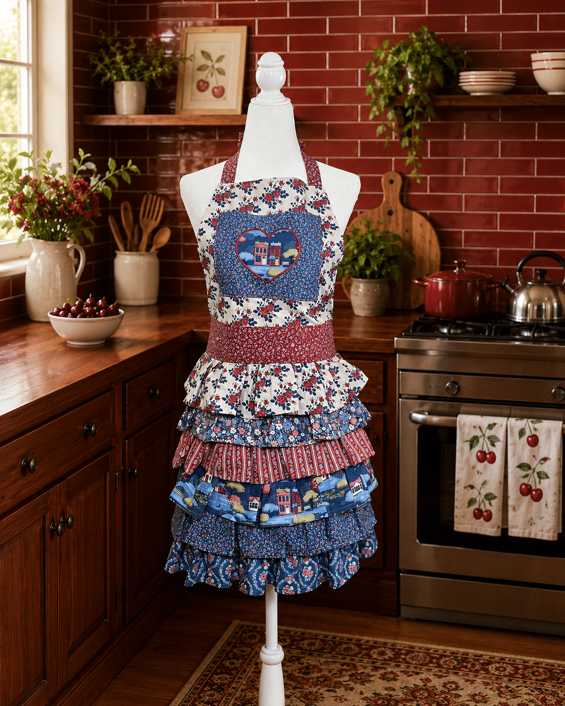 Hestia Apron on a blue and red kitchen set