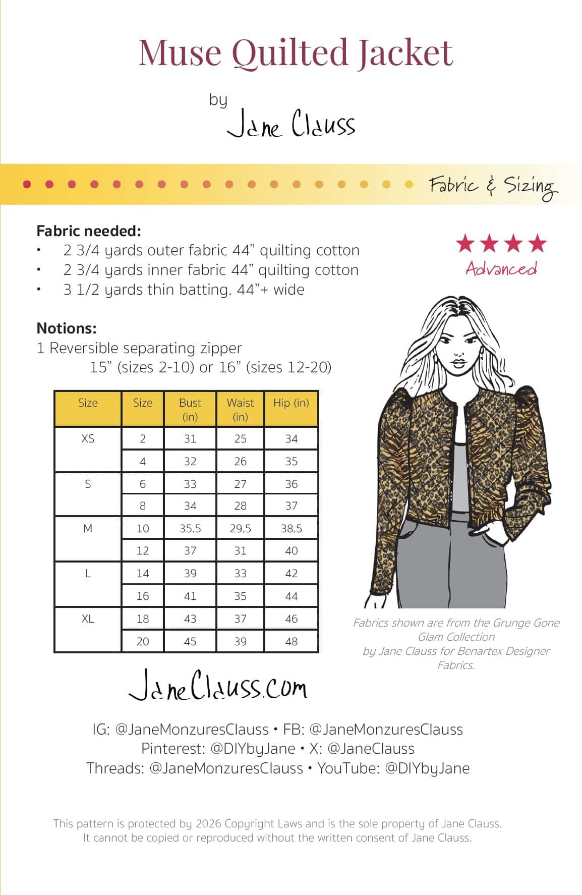 Jane Clauss Muse Quilted Jacket pattern details