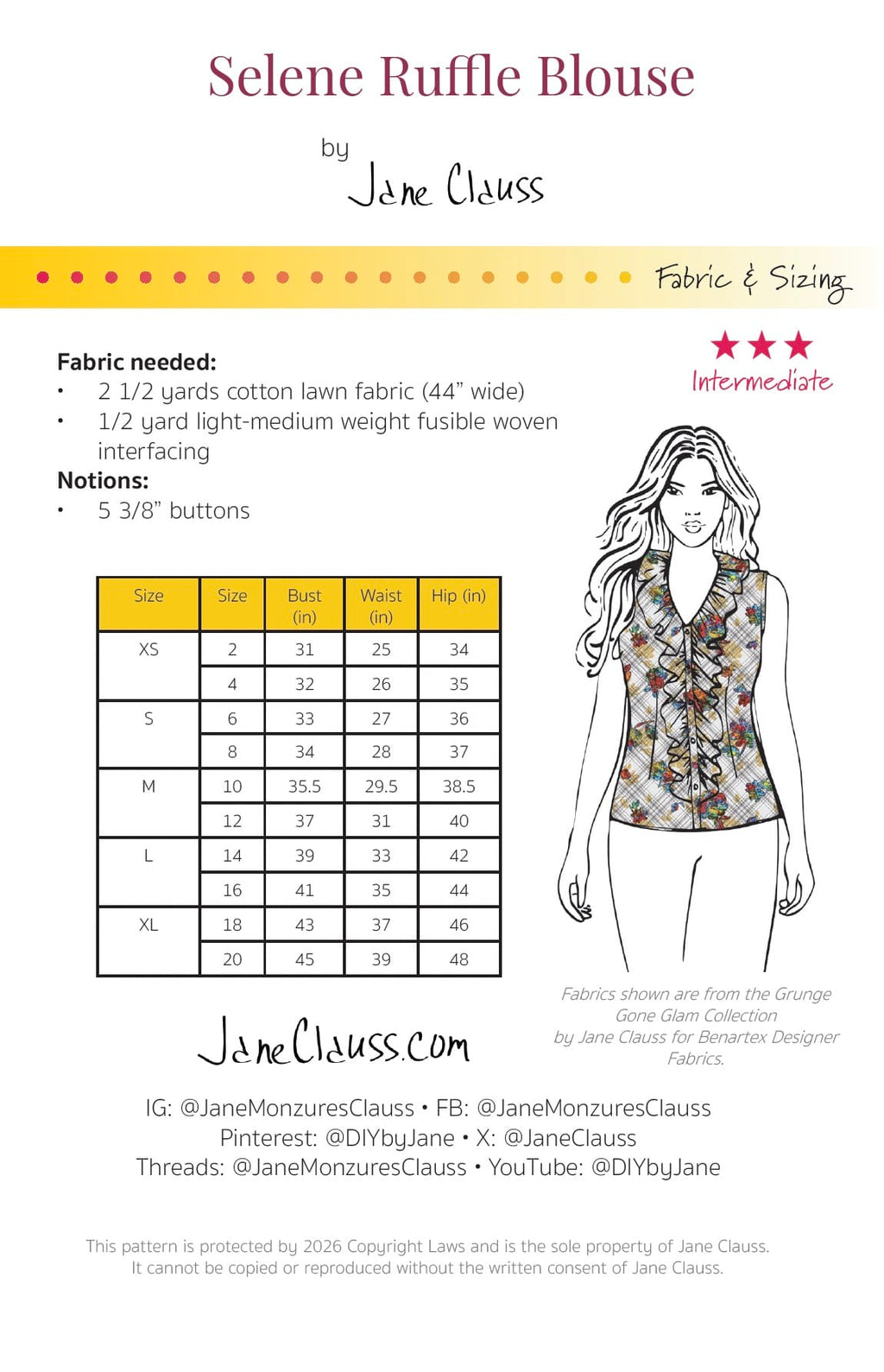 Jane Clauss Selene Ruffle Blouse pattern details