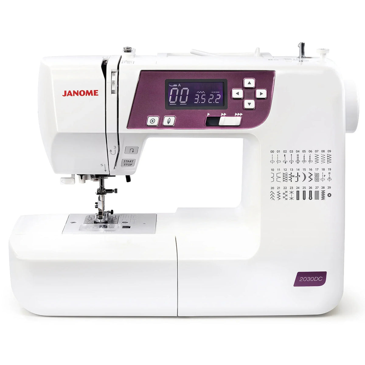 Front view of the Janome 2030DC-G computerized sewing machine with digital screen and 30 stitch options.