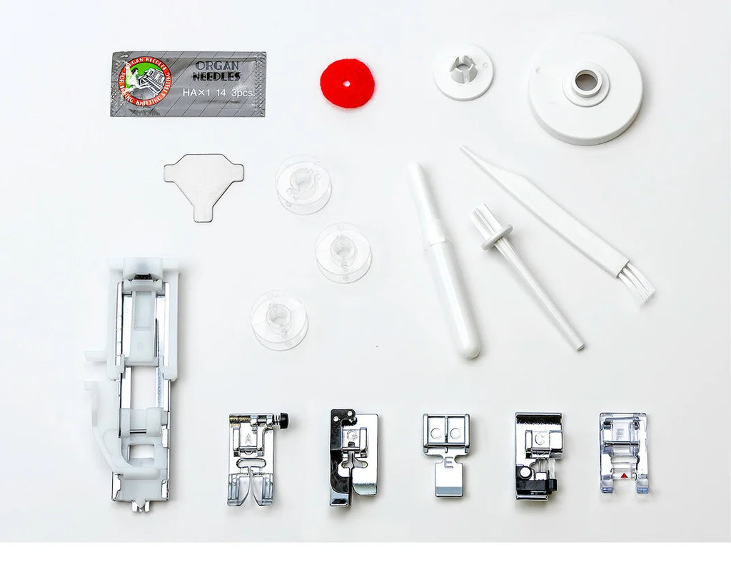 Included accessories for the Janome 2030DC-G sewing machine featuring presser feet, bobbins, needles, and maintenance tools.