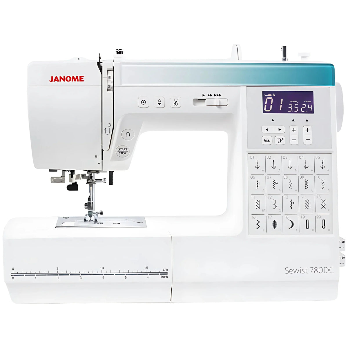 Janome Sewist 780DC computerized sewing machine front view showcasing LCD screen and stitch selection panel.