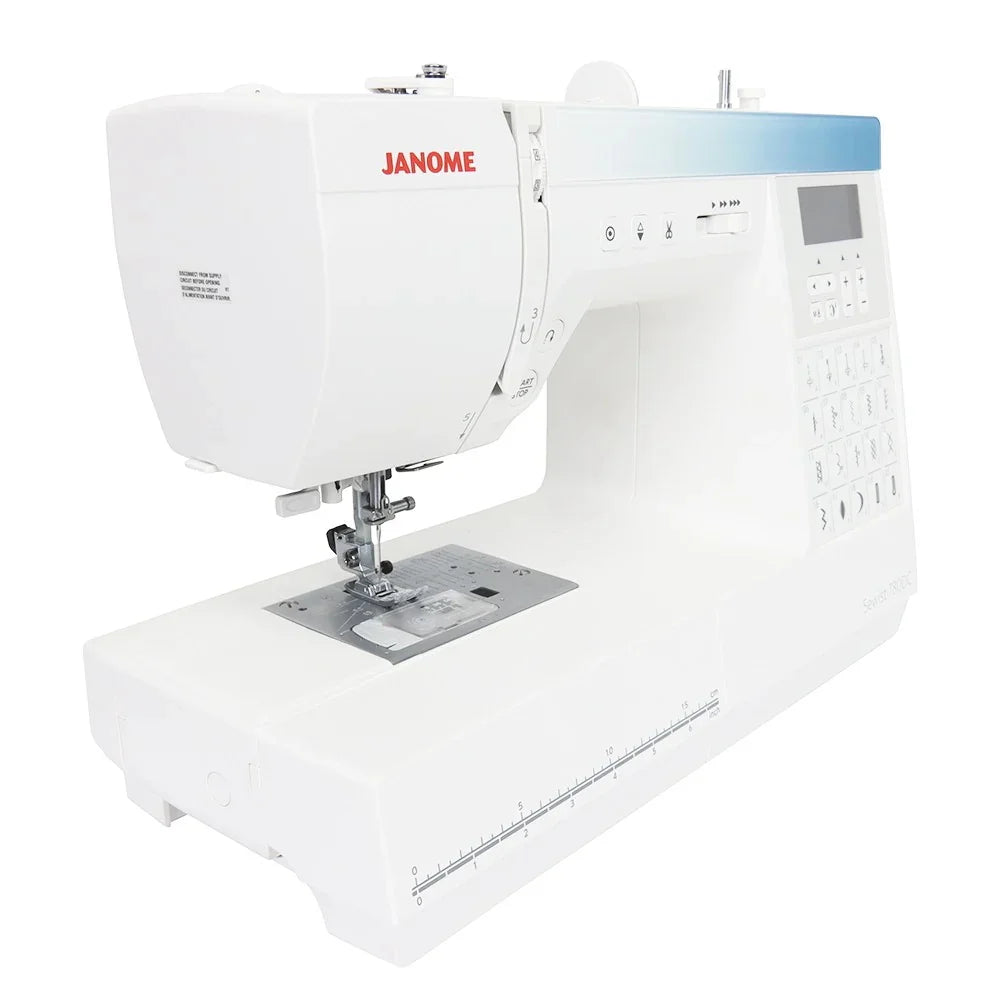 Janome Sewist 780DC sewing machine left-side perspective highlighting needle plate and sewing workspace.