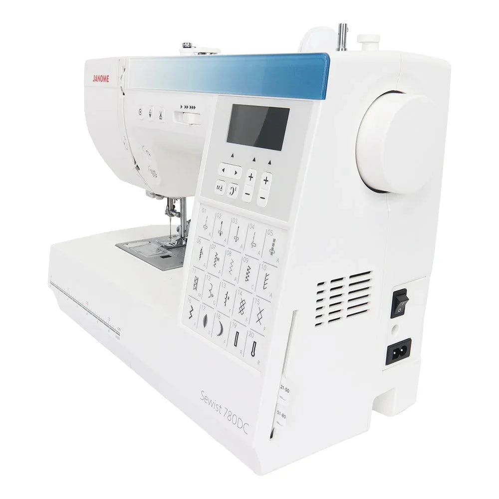 Janome Sewist 780DC computerized sewing machine rear-side angle showing stitch chart, control panel, and power ports.