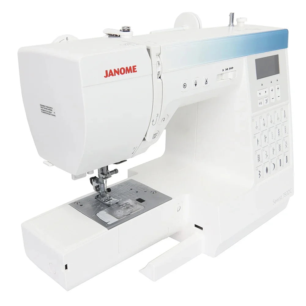 Janome Sewist 780DC sewing machine free arm view for hemming sleeves, cuffs, and small circular projects.