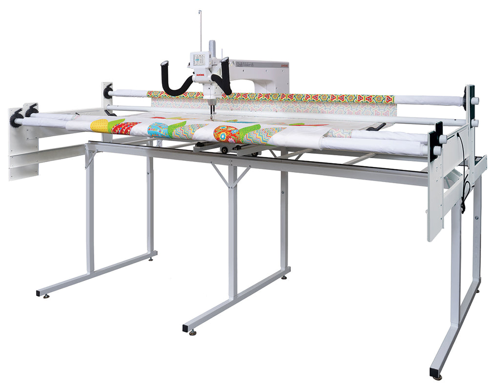 Janome Quilt Maker 18 manufacturer machine and frame view; fabric shown for demonstration