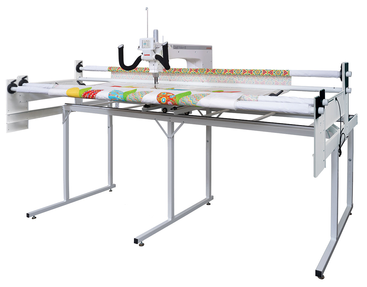 Janome Quilt Maker 18 manufacturer machine and frame view; fabric shown for demonstration