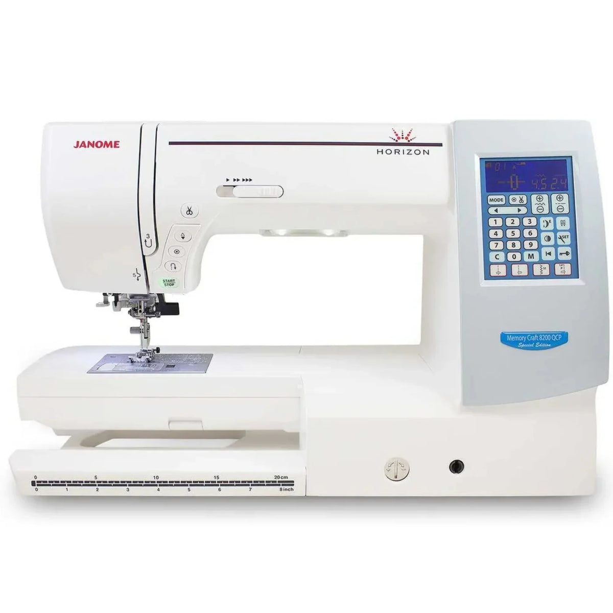 Janome MC8200QCP Special Edition sewing machine with extended sewing bed and quilting-friendly throat space for large projects.