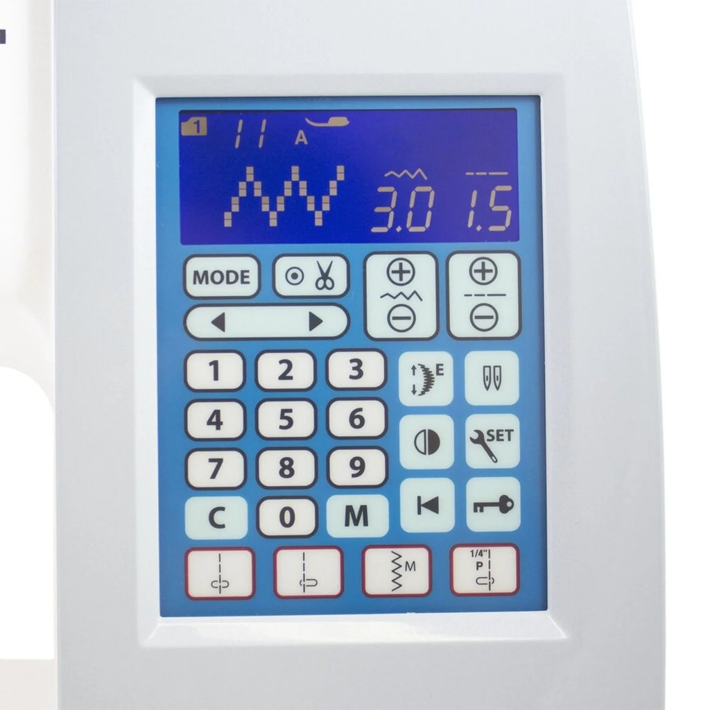 Close-up of the Janome Memory Craft 8200QCP SE LCD screen and control panel displaying stitch settings and digital features.