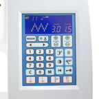 Close-up of the Janome Memory Craft 8200QCP SE LCD screen and control panel displaying stitch settings and digital features.