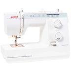 Janome Sewist 721S sewing machine angled view displaying stitch selection, dials, and spacious sewing bed for versatile fabric work.