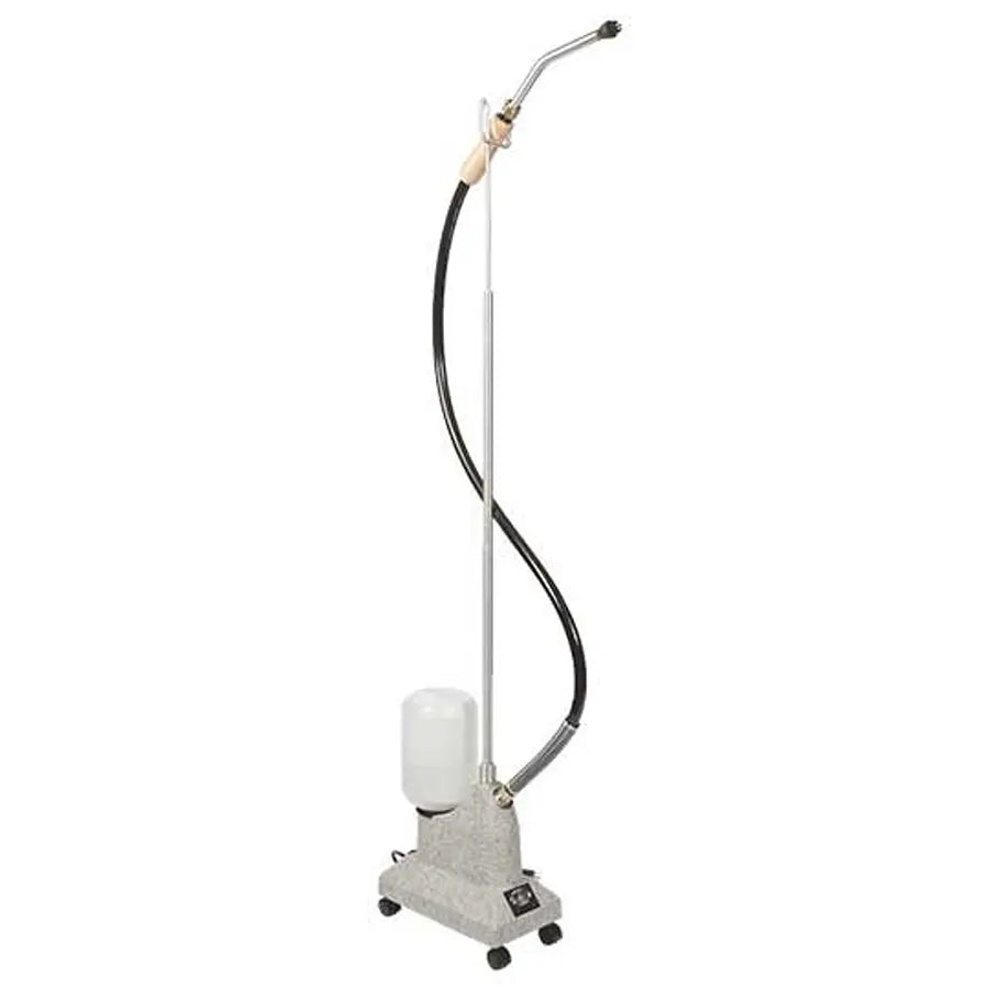 Full view of the Jiffy J-2B Cleaning Steamer with brush head attachment, showing the upright design, steam hose, and base unit.