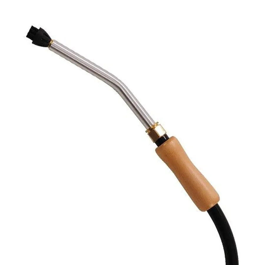 Close-up view of the Jiffy J-2B Cleaning Steamer brush head nozzle and wooden handle grip.