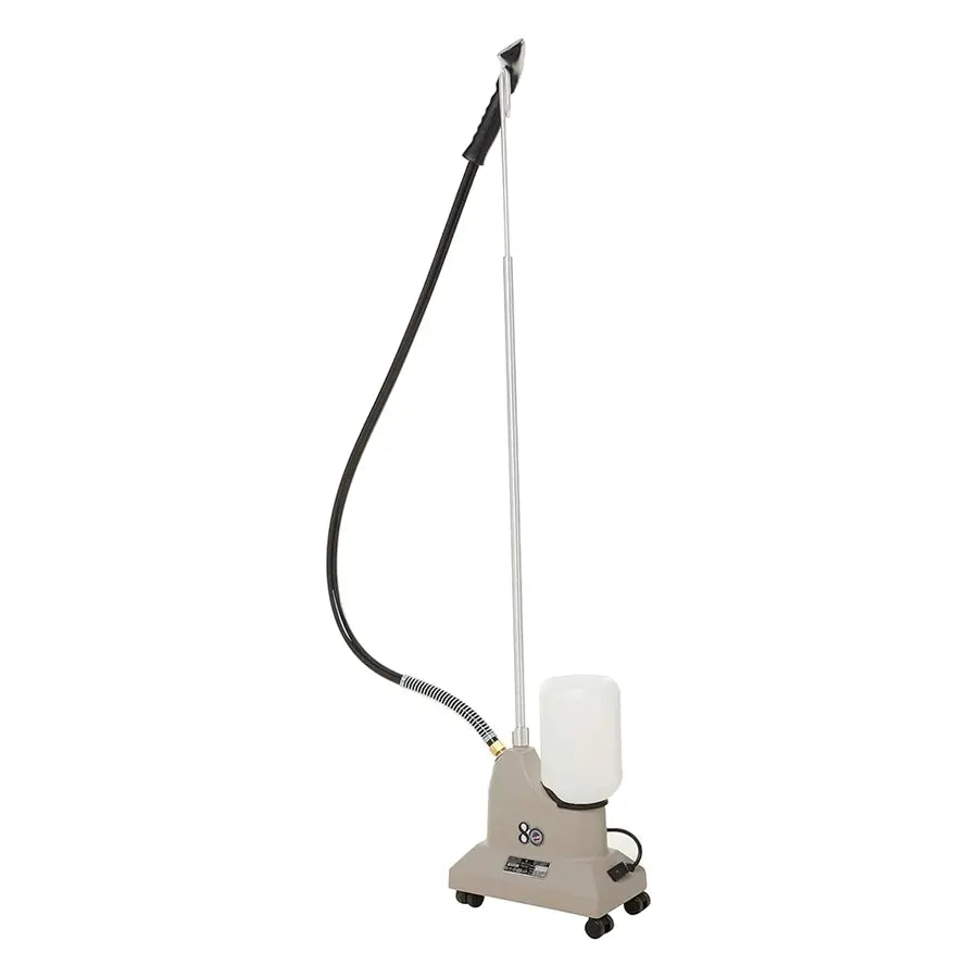 Jiffy J-2 clothing steamer with 6-inch plastic steam head and 5.5-foot hose standing upright on wheeled base