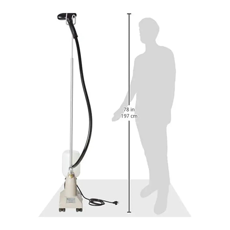 Jiffy J-2 garment steamer shown next to 78-inch height silhouette for scale