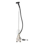Front view of the Jiffy J-2 fabric steamer with long steam hose and upright pole on rolling base