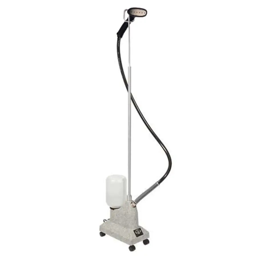 Jiffy J-2S clothing steamer with stainless steel steam head shown in full upright view on rolling base