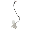 Jiffy J-2S clothing steamer with stainless steel steam head shown in full upright view on rolling base
