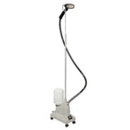 Jiffy J-2S clothing steamer with stainless steel steam head shown in full upright view on rolling base