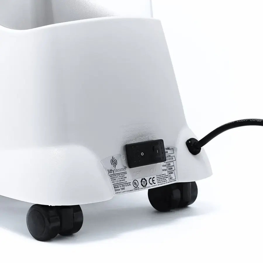Rear view of the Jiffy 1201 J-2000H Hat Steamer showing power switch, caster wheels, and durable build for home or professional hat care.