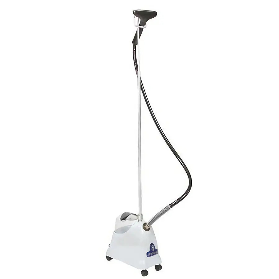 Jiffy 1221 J-2000 clothing steamer with plastic steam head, standing full-length on caster wheels with hose and metal rod assembly, professional garment steamer for fast wrinkle removal.