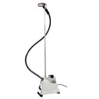 Full view of the Jiffy J-2000S clothing steamer with stainless steel steam head and telescopic pole