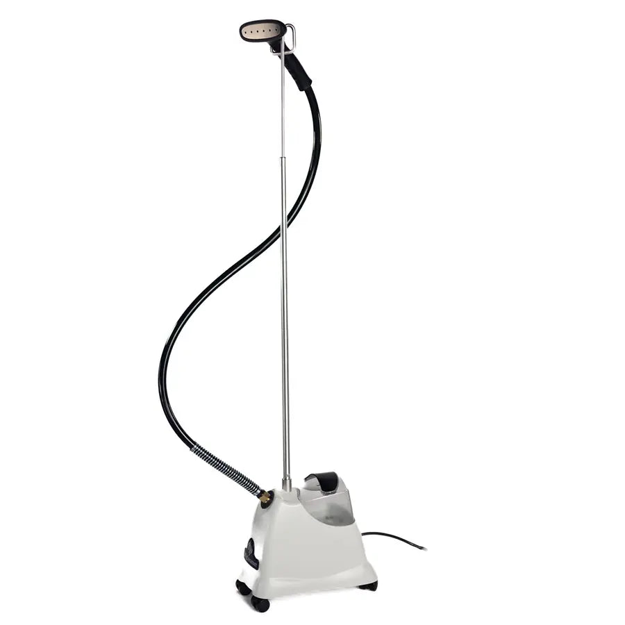 Full view of the Jiffy J-2000S clothing steamer with stainless steel steam head and telescopic pole