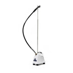 Side angle of the Jiffy J-2000S garment steamer showing hose, pole, and base unit