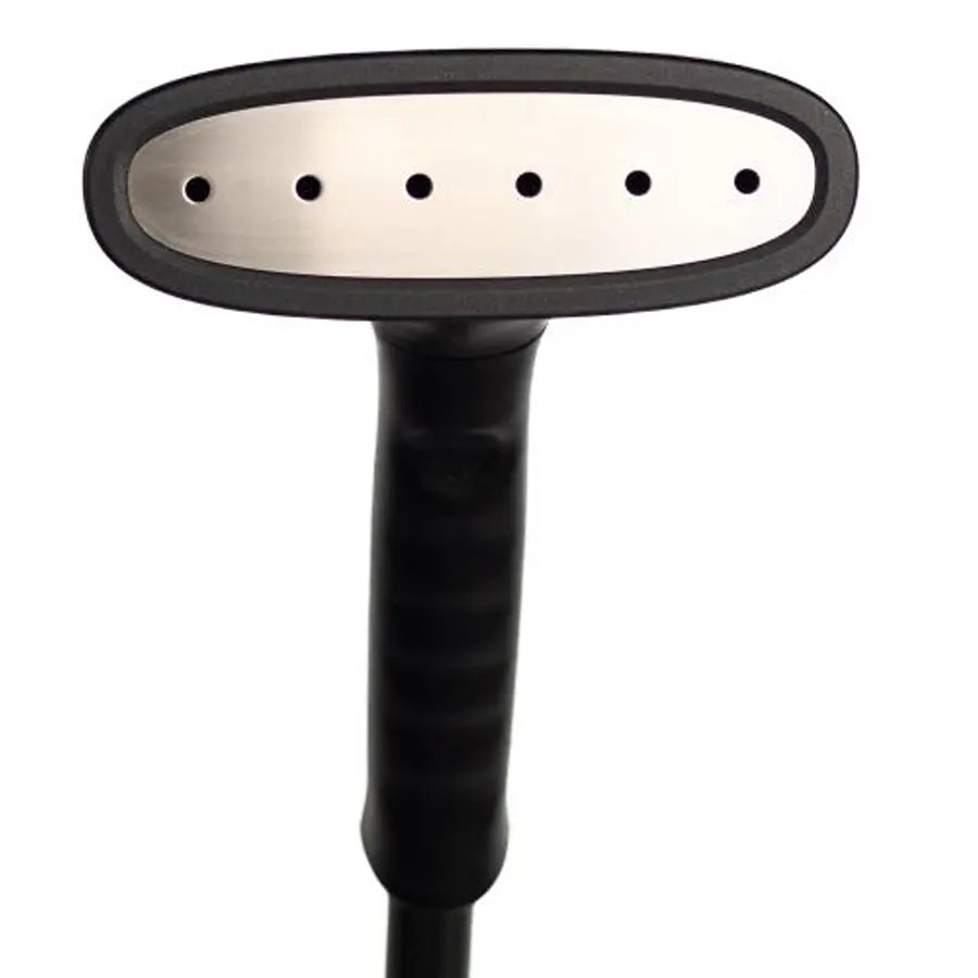Front view of the stainless steel steam head on the Jiffy J-2000S garment steamer