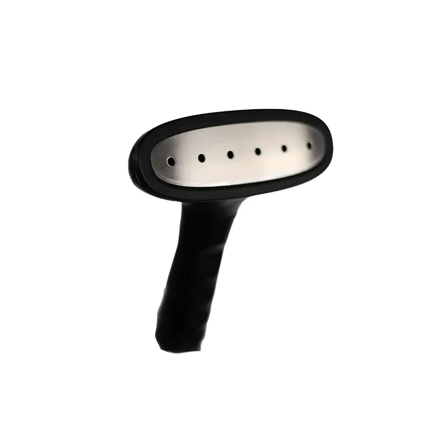 Angled view of the Jiffy J-2000S stainless steel steam head and ergonomic handle