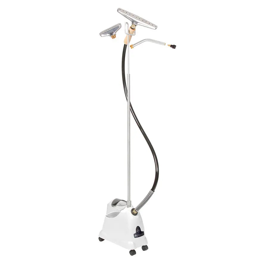 Jiffy 1251 J-2000I Multipurpose Steamer with I-Head Nozzle Kit standing upright, shown with adjustable pole, hose, and interchangeable aluminum steam heads for home and professional fabric care.