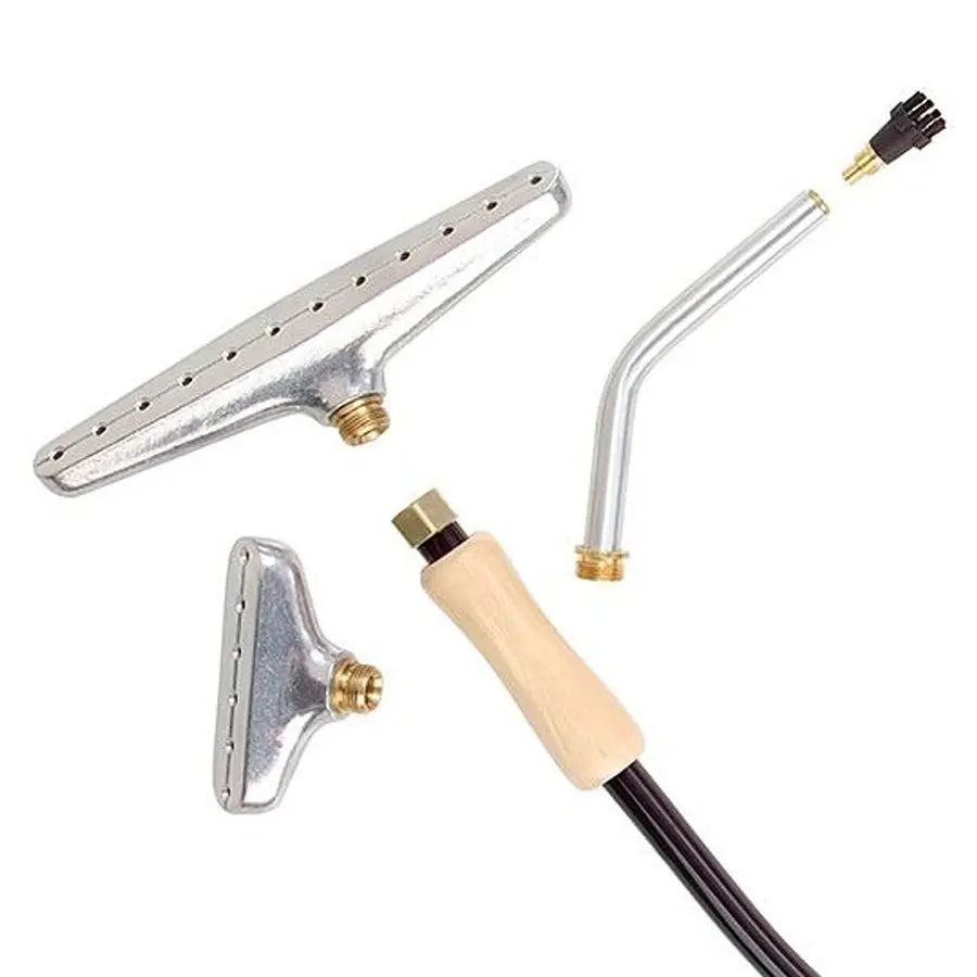 Close-up of Jiffy J-2000I steamer interchangeable I-Head nozzle accessories, including bent aluminum pipe head and wide metal steam nozzles for versatile cleaning and garment steaming.