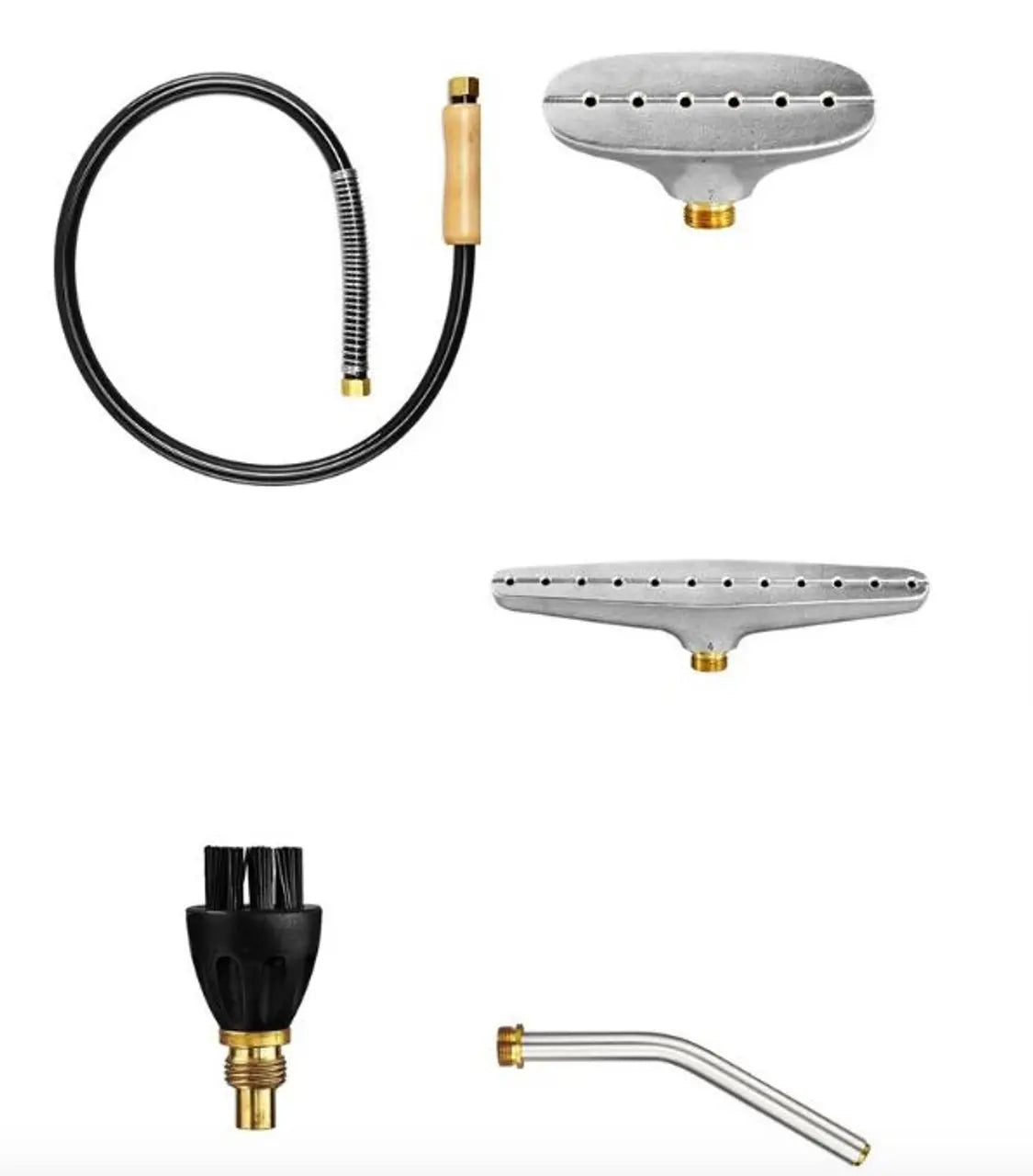 Jiffy 1251 J-2000I Multipurpose Steamer accessory kit featuring hose, brush head, wide metal steam heads, and aluminum pipe attachment designed for multipurpose home and commercial steaming.