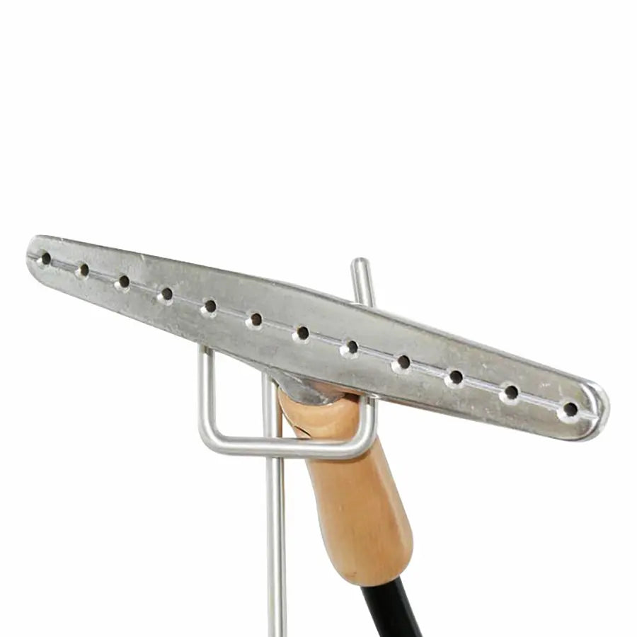 Close-up of the Jiffy J-4000C carpet steamer’s 12-inch metal steam head with wooden handle.