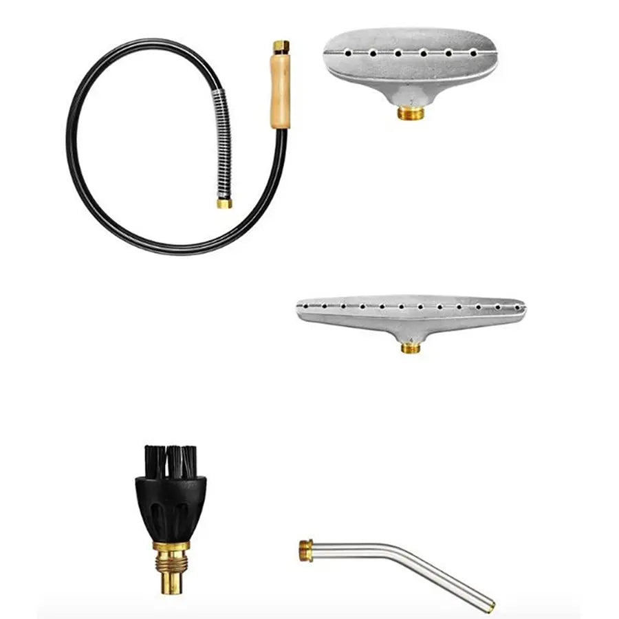 Jiffy J-4000I commercial steamer accessory kit showing hose, I-Head, wide head, brush and bent nozzle