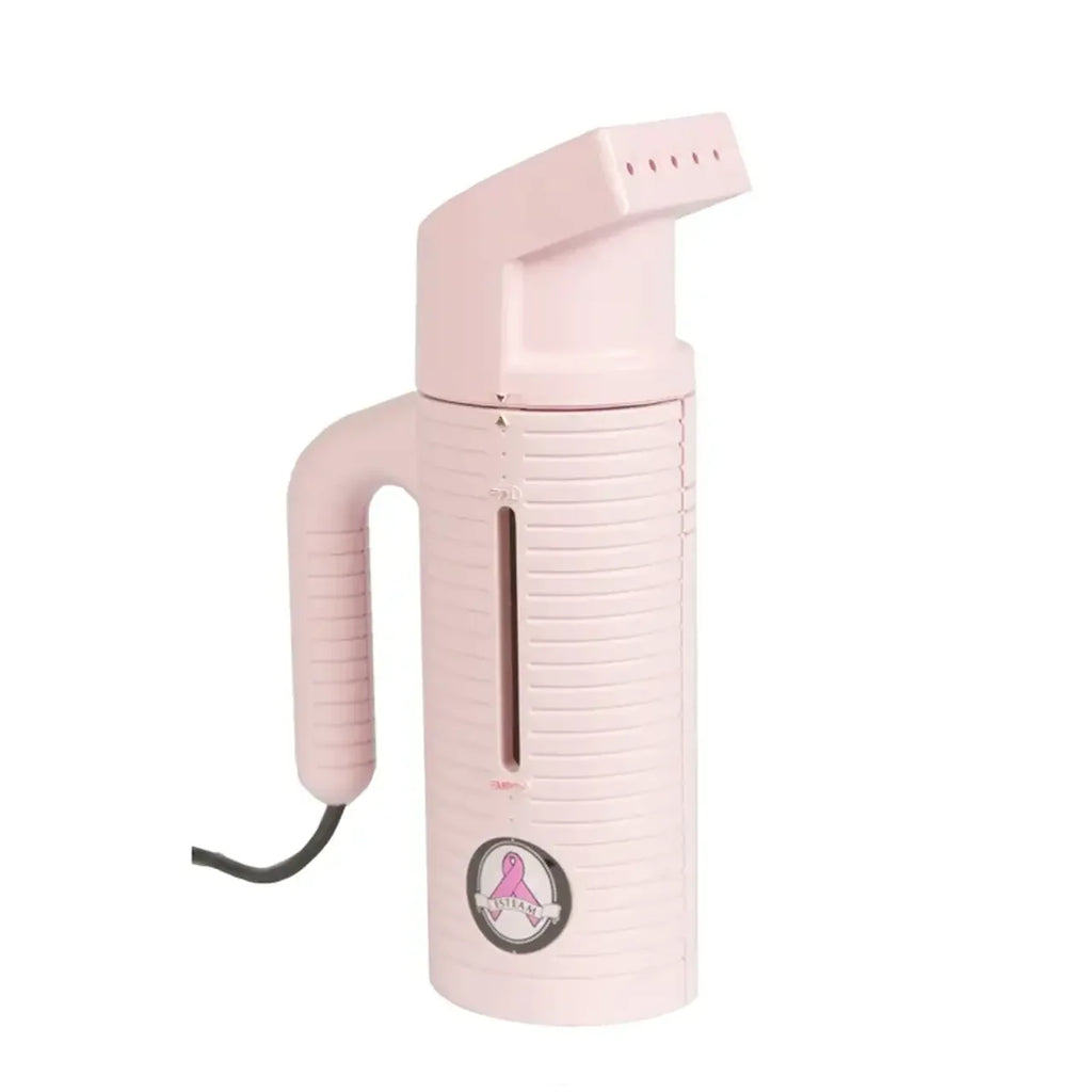 Jiffy ESTEAM Pink Travel Steamer lightweight handheld garment steamer for wrinkle removal, compact portable clothes steamer made in the USA.