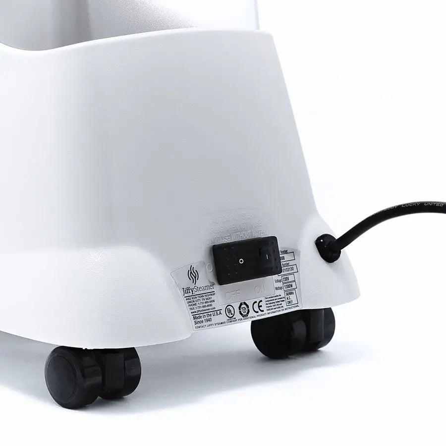 Back view of Jiffy J-2000SBR SteamBreaker power switch and base with caster wheels