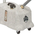Close-up of the Jiffy 25505 J-4000XDM X-Series steamer base showing water tank, logo, wheels, and steam hose connection