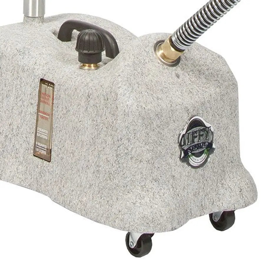 Close-up of the Jiffy 25505 J-4000XDM X-Series steamer base showing water tank, logo, wheels, and steam hose connection