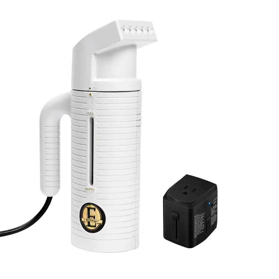Jiffy ESTEAM White Travel Steamer with universal voltage converter, compact handheld garment steamer for wrinkle removal and international travel.