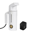 Jiffy ESTEAM White Travel Steamer with universal voltage converter, compact handheld garment steamer for wrinkle removal and international travel.