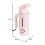 Jiffy ESTEAM Pink Travel Steamer with product dimensions shown, compact portable garment steamer for travel and small spaces.